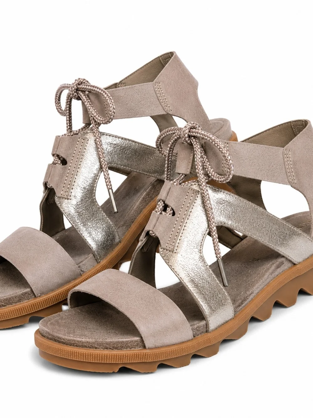 Sorel Joanie II Lace Wedge Sandals Womens‎ 10 Taupe Metallic Leather Platform